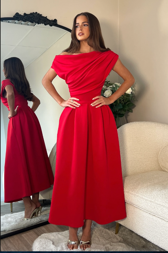 Betty Asymmetric Neckline Skater Midi Red