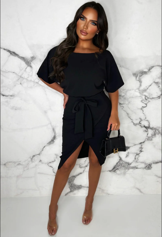 Black Anna Belted Wrap Front Batwing Midi Dress