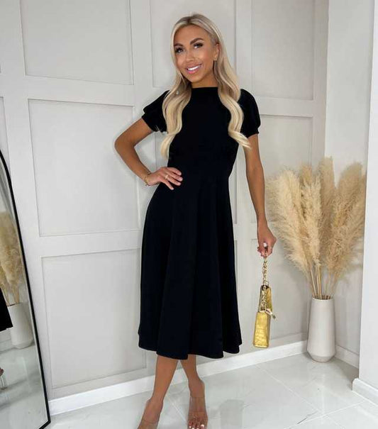 Black Callie Short Puff Sleeve Skater Dress