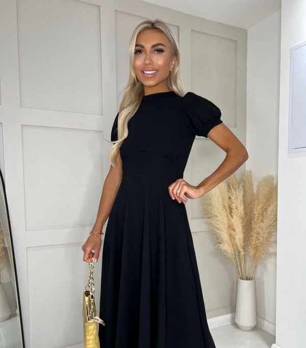 Black Callie Short Puff Sleeve Skater Dress