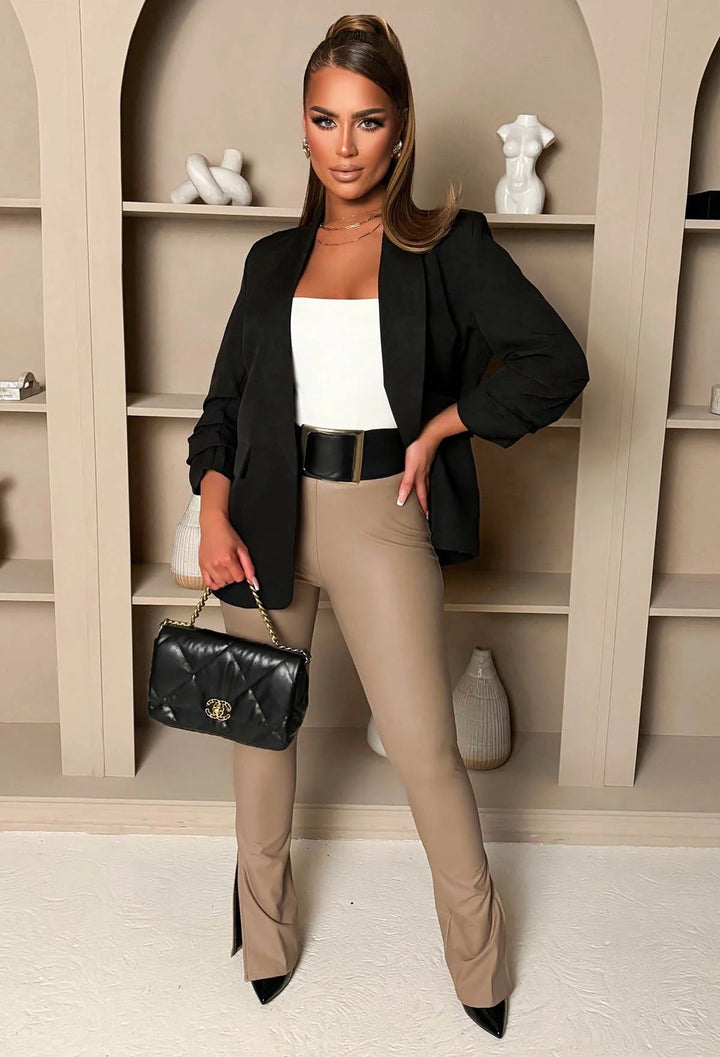 Black Shawl Ruched Sleeve Blazer