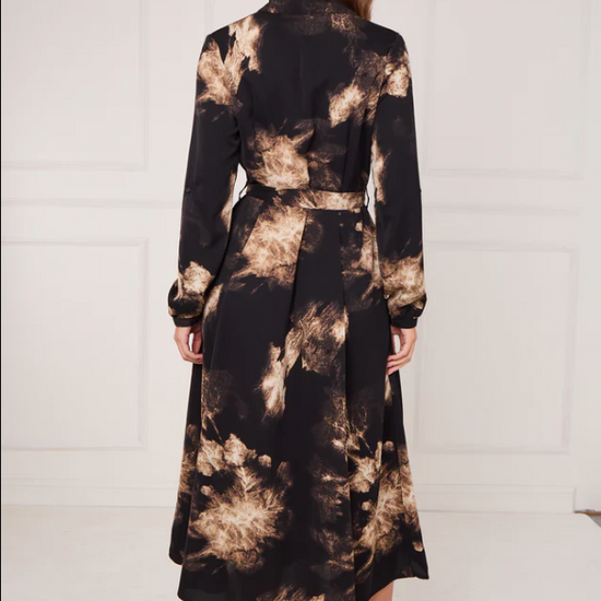 Black and Gold Tie Dye Print Maxi Shirt Dress | 1