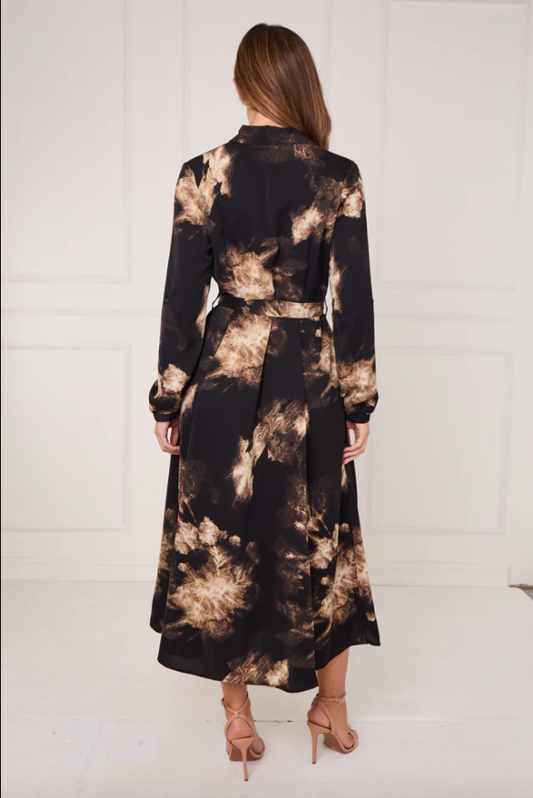 Black and Gold Tie Dye Print Maxi Shirt Dress