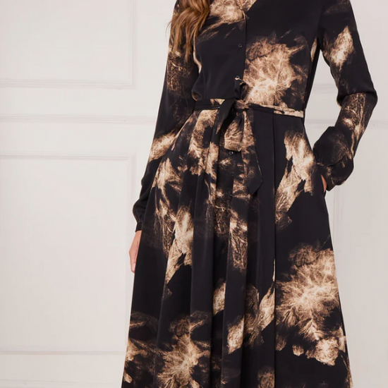 Black and Gold Tie Dye Print Maxi Shirt Dress | 2