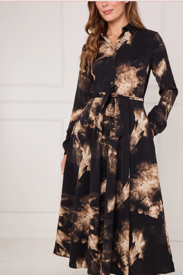 Black and Gold Tie Dye Print Maxi Shirt Dress | 2