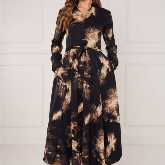 Black and Gold Tie Dye Print Maxi Shirt Dress | 4