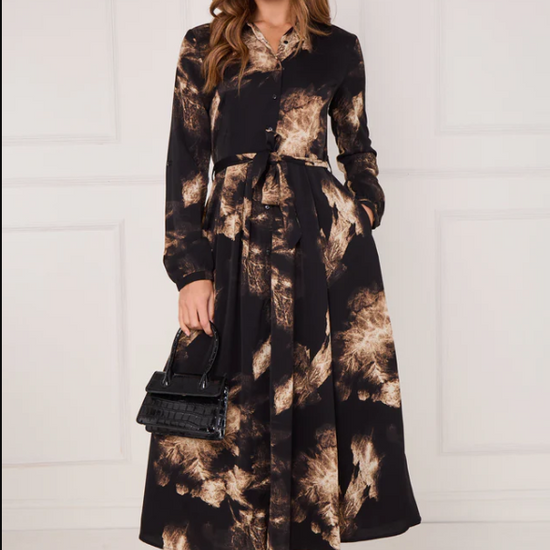 Black and Gold Tie Dye Print Maxi Shirt Dress | 5