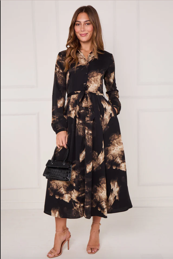 Black and Gold Tie Dye Print Maxi Shirt Dress | 5