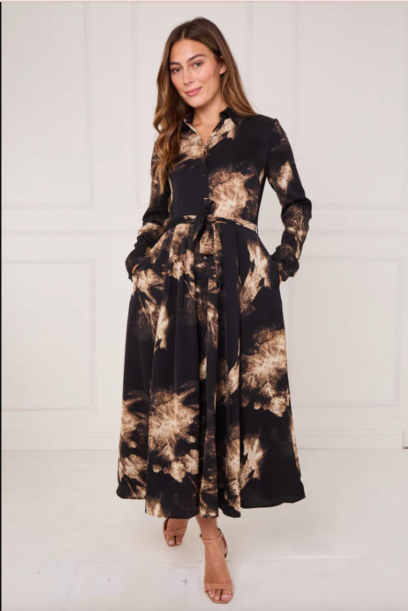 Black and Gold Tie Dye Print Maxi Shirt Dress