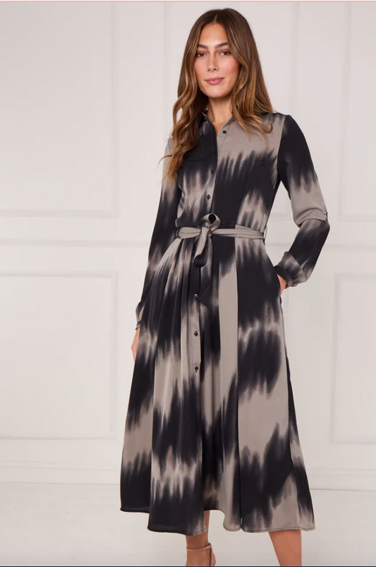 Black and Grey Tie Dye Wave Print Maxi Shirt Dress
