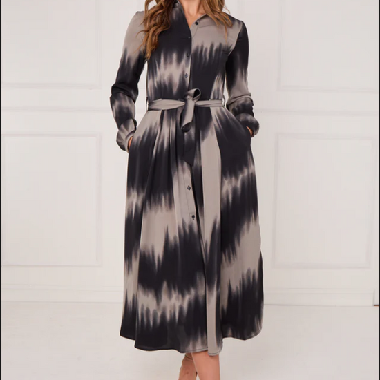 Black and Grey Tie Dye Wave Print Maxi Shirt Dress | 1