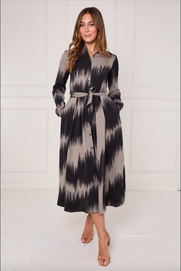 Black and Grey Tie Dye Wave Print Maxi Shirt Dress | 1