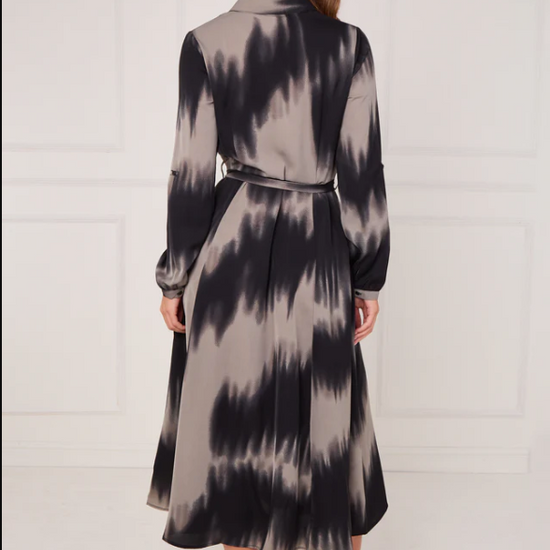 Black and Grey Tie Dye Wave Print Maxi Shirt Dress | 2