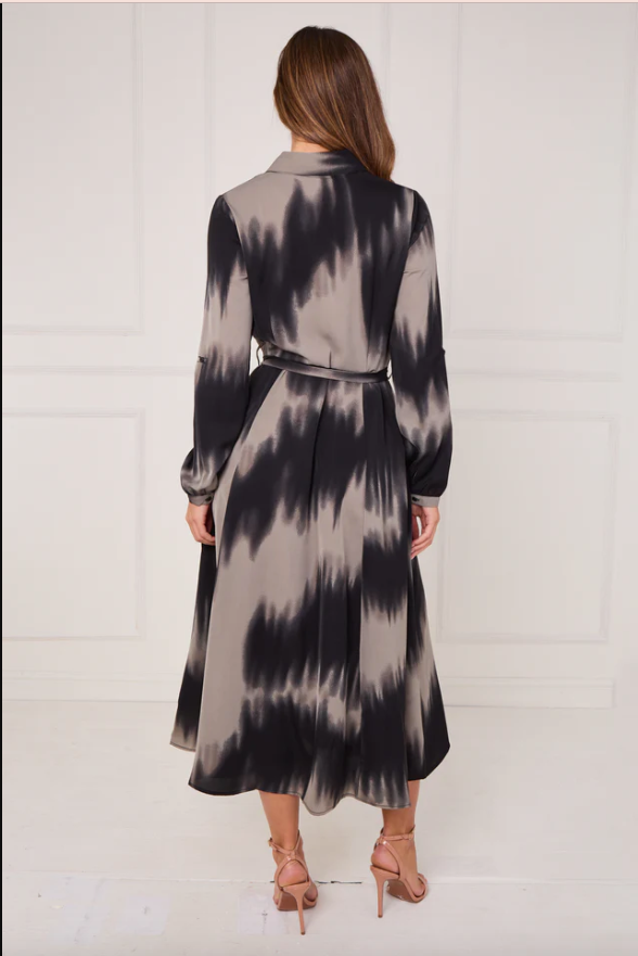 Black and Grey Tie Dye Wave Print Maxi Shirt Dress | 2