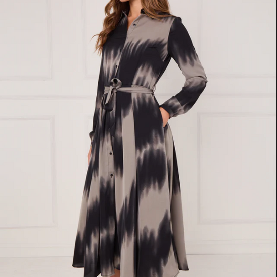Black and Grey Tie Dye Wave Print Maxi Shirt Dress | 3