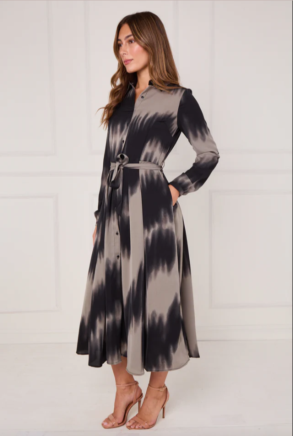 Black and Grey Tie Dye Wave Print Maxi Shirt Dress | 3