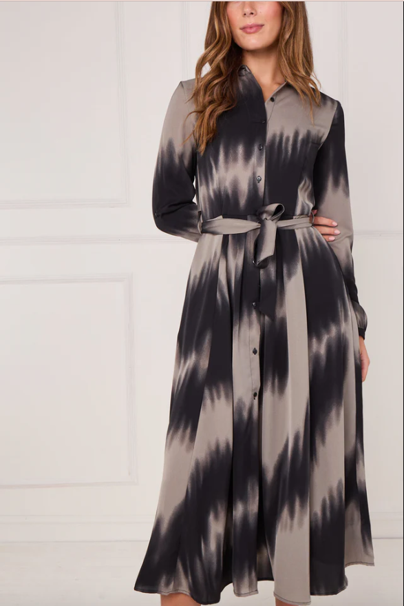 Black and Grey Tie Dye Wave Print Maxi Shirt Dress | 4
