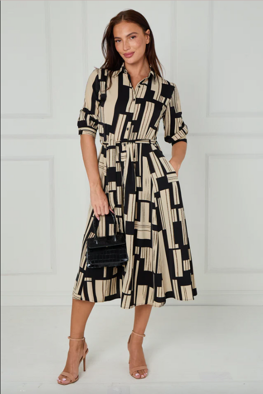 Black and Stone Geometric Stripe Print Midi Shirt Dress