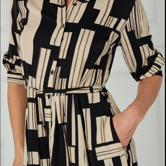 Black and Stone Geometric Stripe Print Midi Shirt Dress | 1