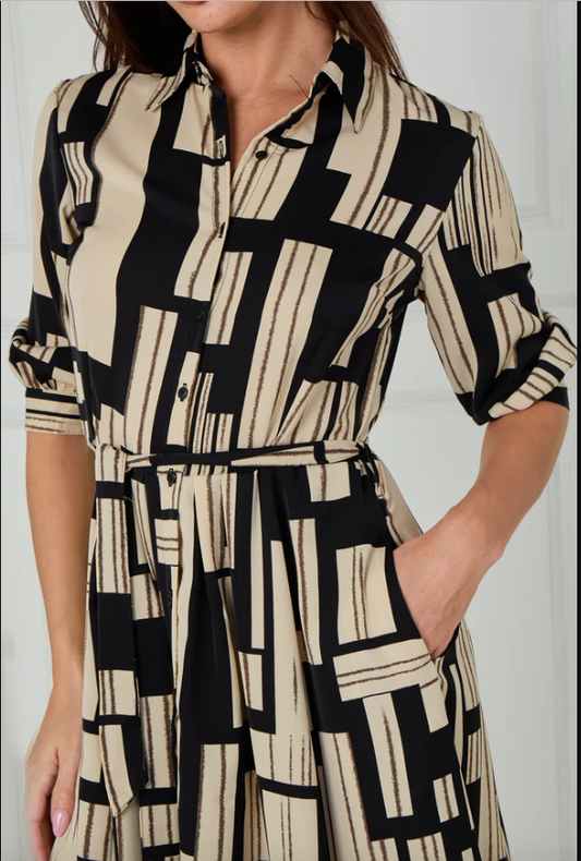 Black and Stone Geometric Stripe Print Midi Shirt Dress | 1