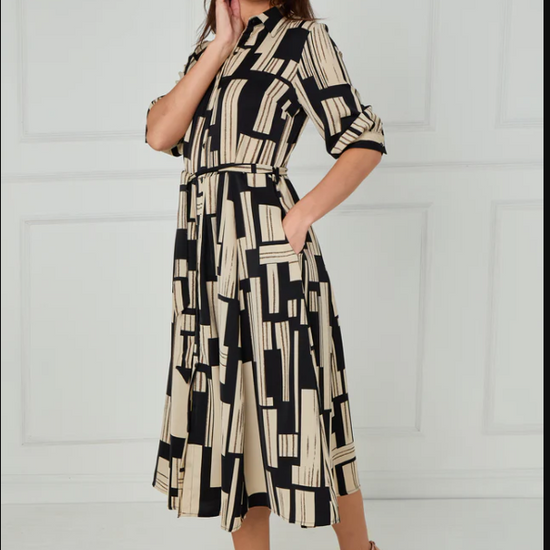 Black and Stone Geometric Stripe Print Midi Shirt Dress | 2