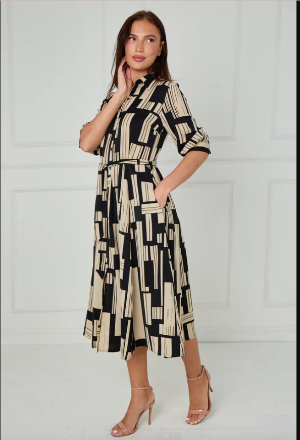 Black and Stone Geometric Stripe Print Midi Shirt Dress | 2