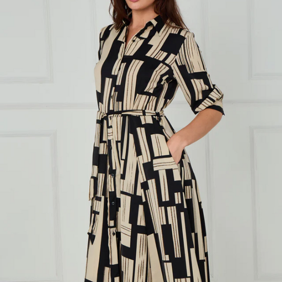 Black and Stone Geometric Stripe Print Midi Shirt Dress | 3