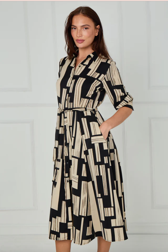 Black and Stone Geometric Stripe Print Midi Shirt Dress | 3