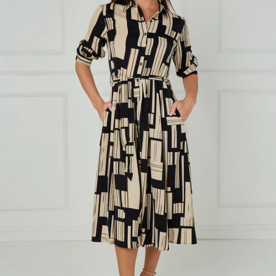 Black and Stone Geometric Stripe Print Midi Shirt Dress | 4