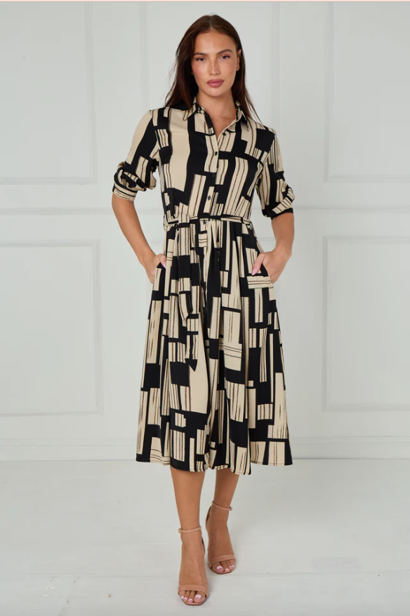 Black and Stone Geometric Stripe Print Midi Shirt Dress | 4