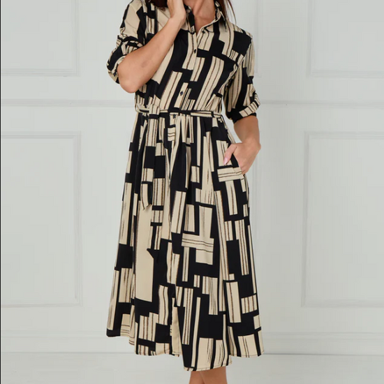 Black and Stone Geometric Stripe Print Midi Shirt Dress | 5