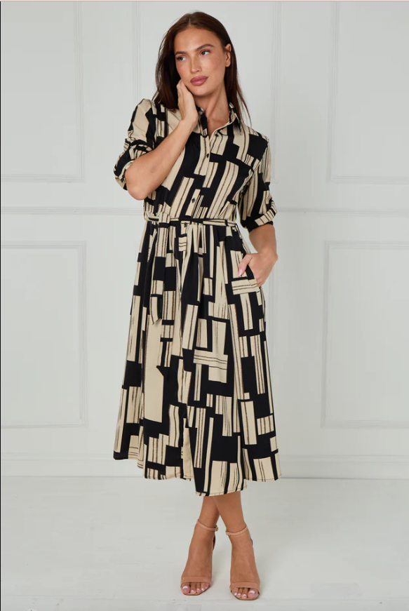 Black and Stone Geometric Stripe Print Midi Shirt Dress | 5