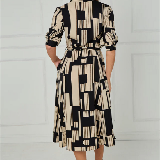 Black and Stone Geometric Stripe Print Midi Shirt Dress | 6