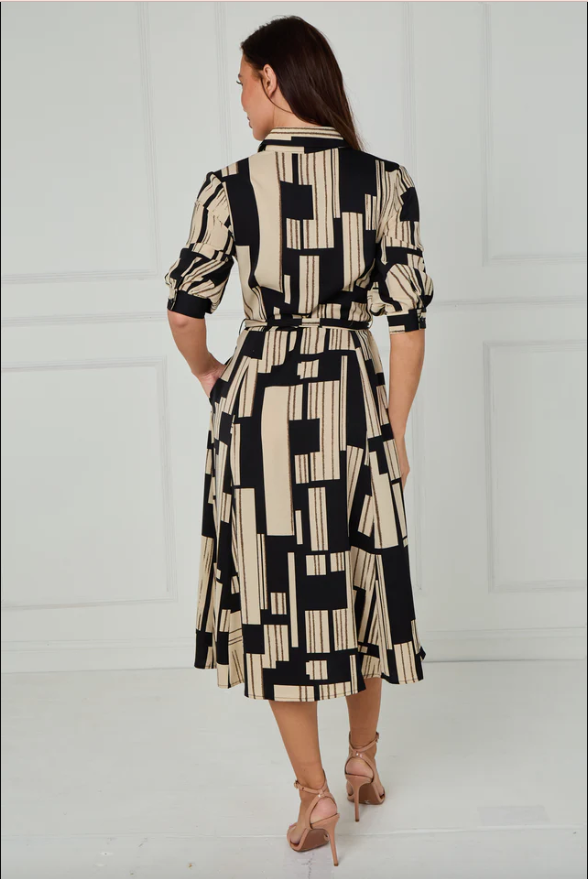 Black and Stone Geometric Stripe Print Midi Shirt Dress | 6