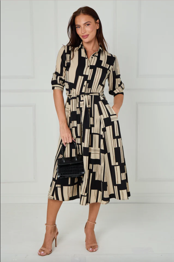 Black and Stone Geometric Stripe Print Midi Shirt Dress