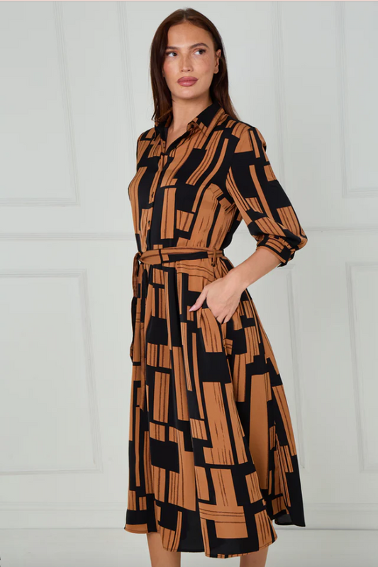 Black and Tan Geometric Stripe Print Midi Shirt Dress