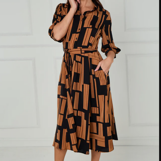 Black and Tan Geometric Stripe Print Midi Shirt Dress | 1