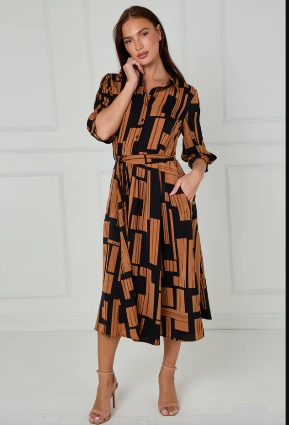 Black and Tan Geometric Stripe Print Midi Shirt Dress | 1