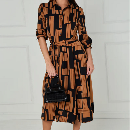 Black and Tan Geometric Stripe Print Midi Shirt Dress | 2