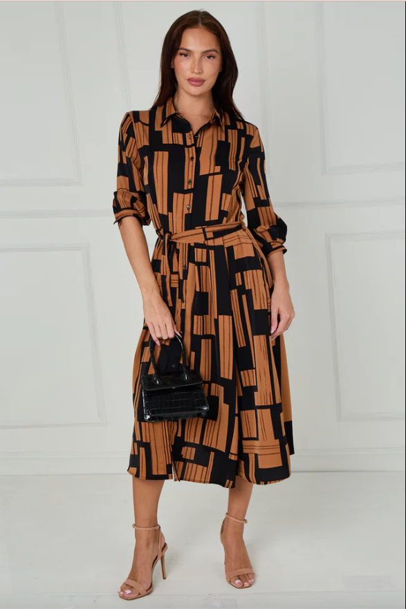 Black and Tan Geometric Stripe Print Midi Shirt Dress | 2