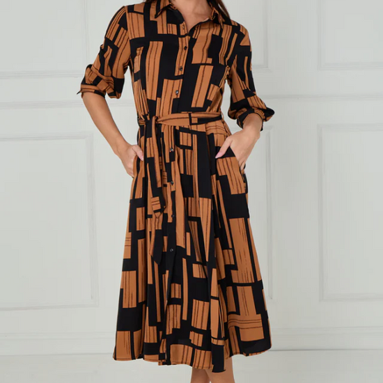 Black and Tan Geometric Stripe Print Midi Shirt Dress | 3