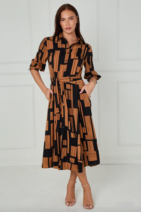 Black and Tan Geometric Stripe Print Midi Shirt Dress | 3