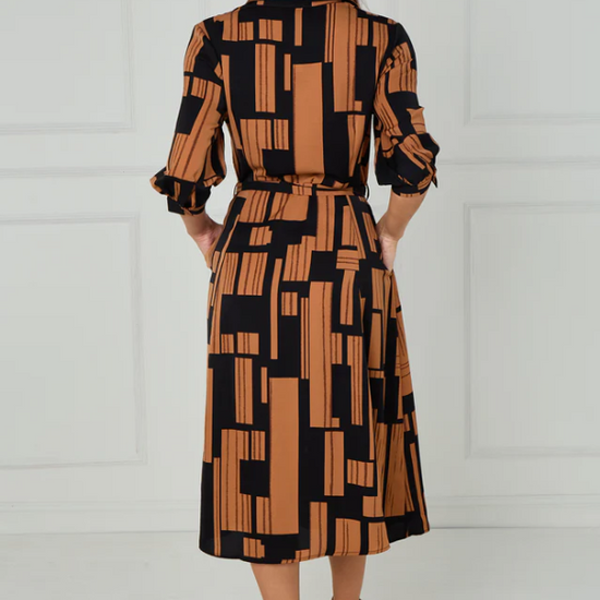 Black and Tan Geometric Stripe Print Midi Shirt Dress | 4
