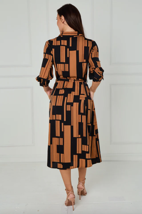 Black and Tan Geometric Stripe Print Midi Shirt Dress | 4
