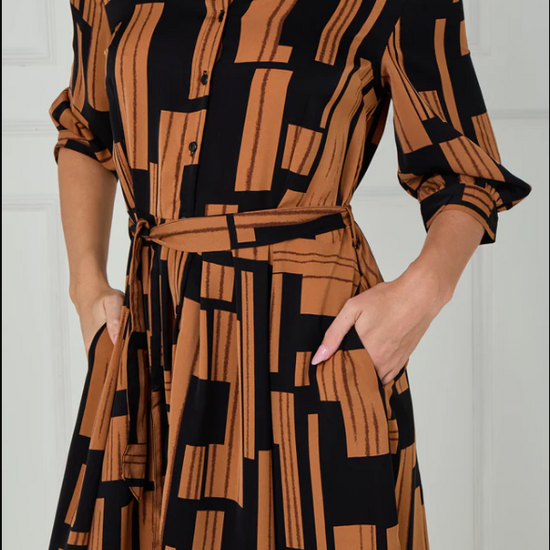 Black and Tan Geometric Stripe Print Midi Shirt Dress | 5