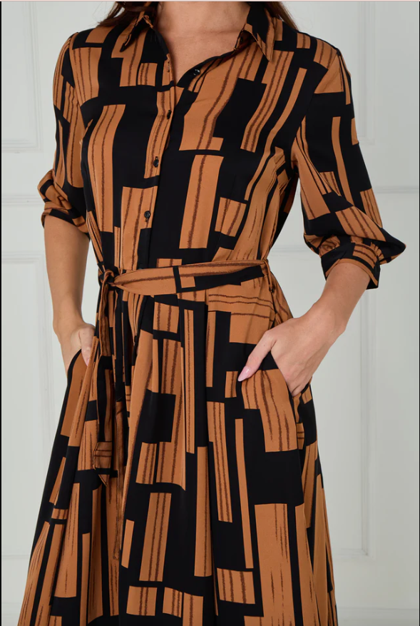 Black and Tan Geometric Stripe Print Midi Shirt Dress | 5