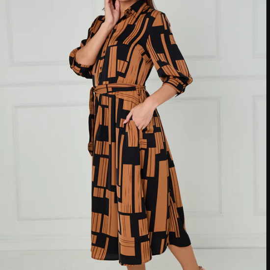 Black and Tan Geometric Stripe Print Midi Shirt Dress | 6