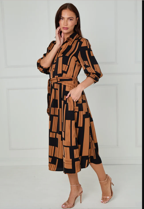 Black and Tan Geometric Stripe Print Midi Shirt Dress | 6
