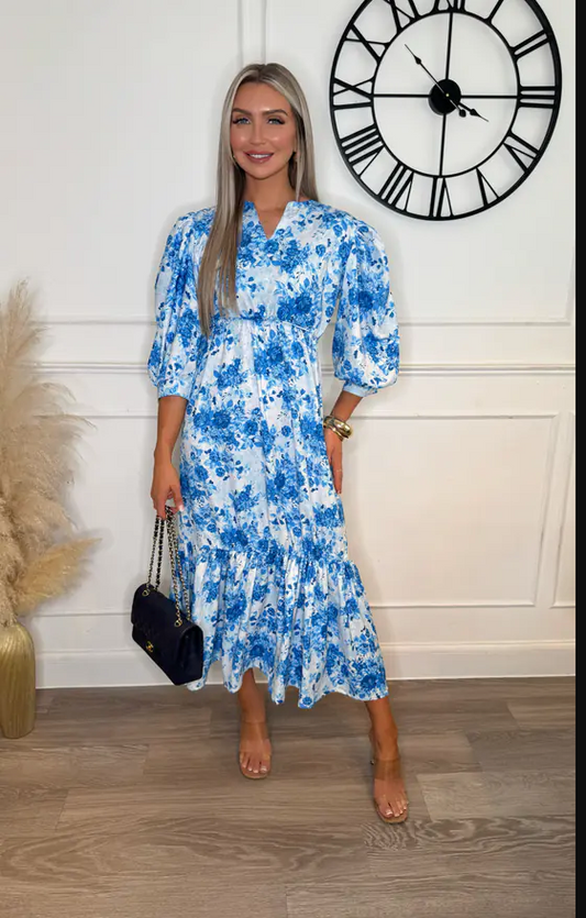 Blue Shadow Sarah Floral Collarless Maxi Dress