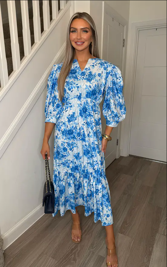 Blue Shadow Sarah Floral Collarless Maxi Dress | 1